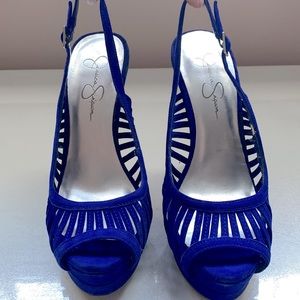 Blue suede shoes! 5 inch heel. Jessica Simpson sling back. Outer suede fabric